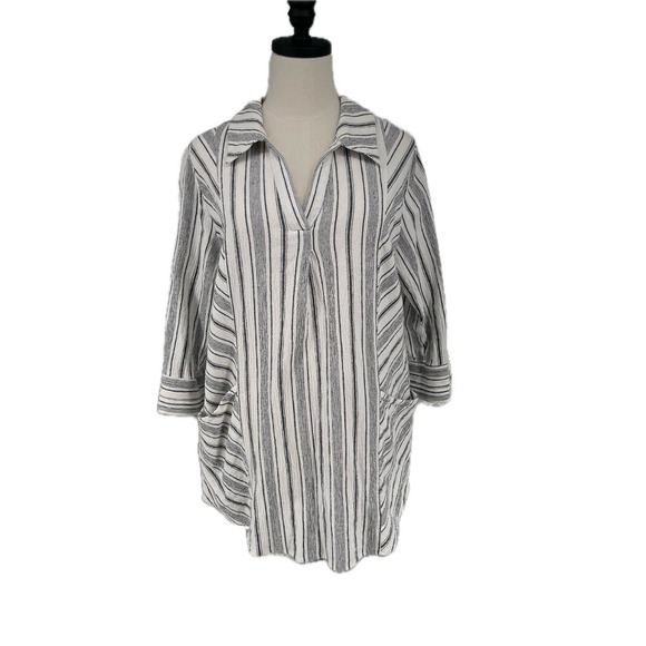 Soft Surroundings Tops - Soft Surroundings White/Black Striped Collared V-Neck Tunic Top Shirt Boho L
